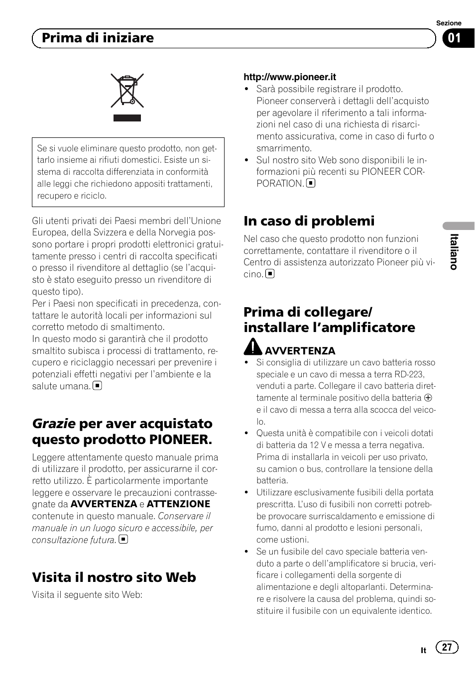 Italiano, Grazie per aver acquistato questo prodotto pioneer, Visita il nostro sito web | Prima di collegare/ installare l ’amplificatore, 01 prima di iniziare | Pioneer GM-6500F User Manual | Page 27 / 96