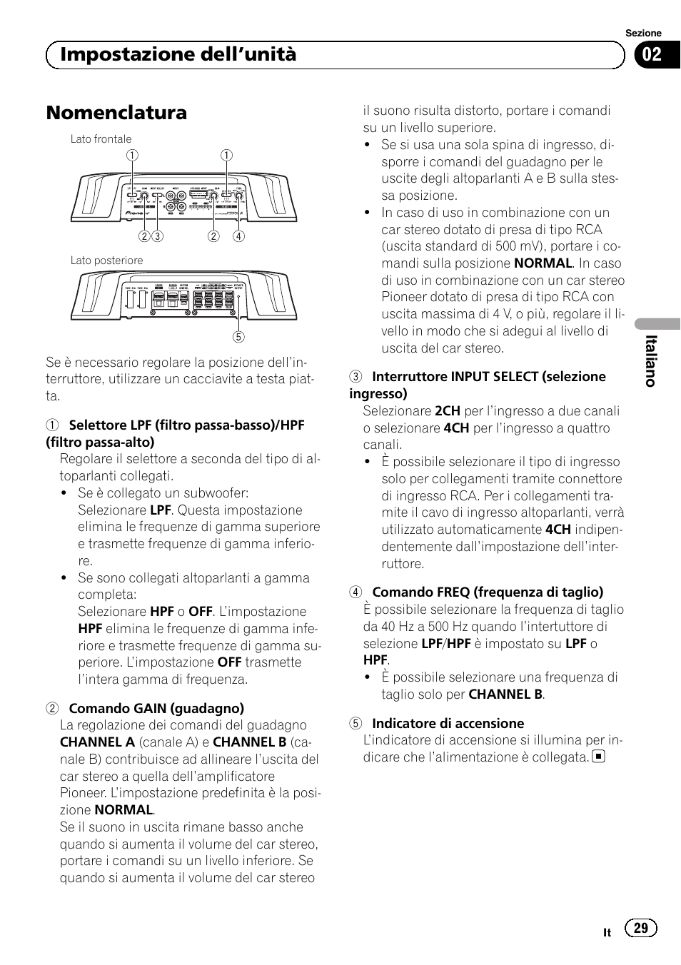 Nomenclatura, 02 impostazione dell ’unità | Pioneer GM-6500F User Manual | Page 29 / 96