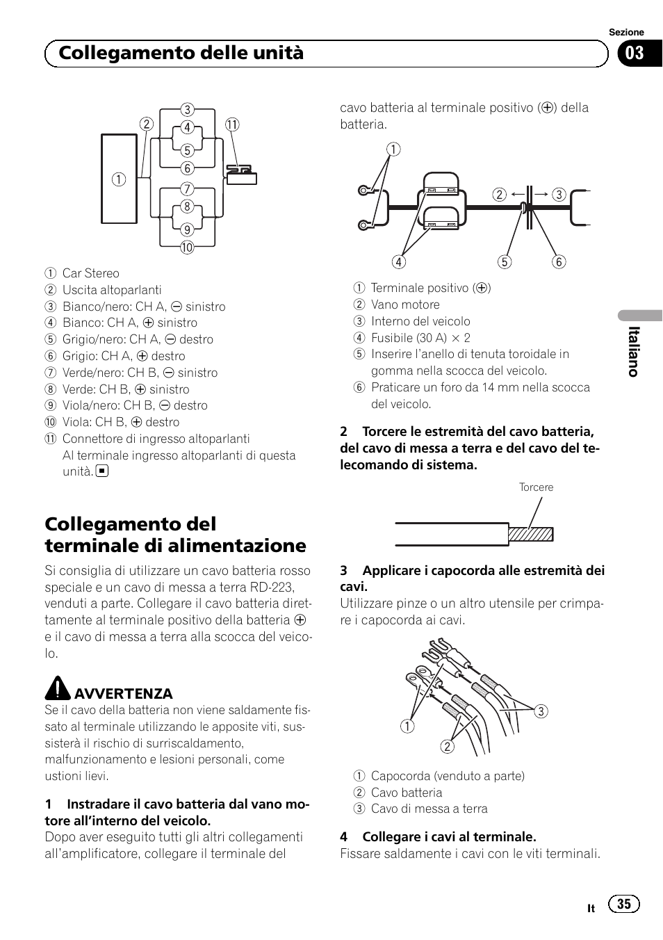 Collegamento del terminale di alimentazione, 03 collegamento delle unità | Pioneer GM-6500F User Manual | Page 35 / 96