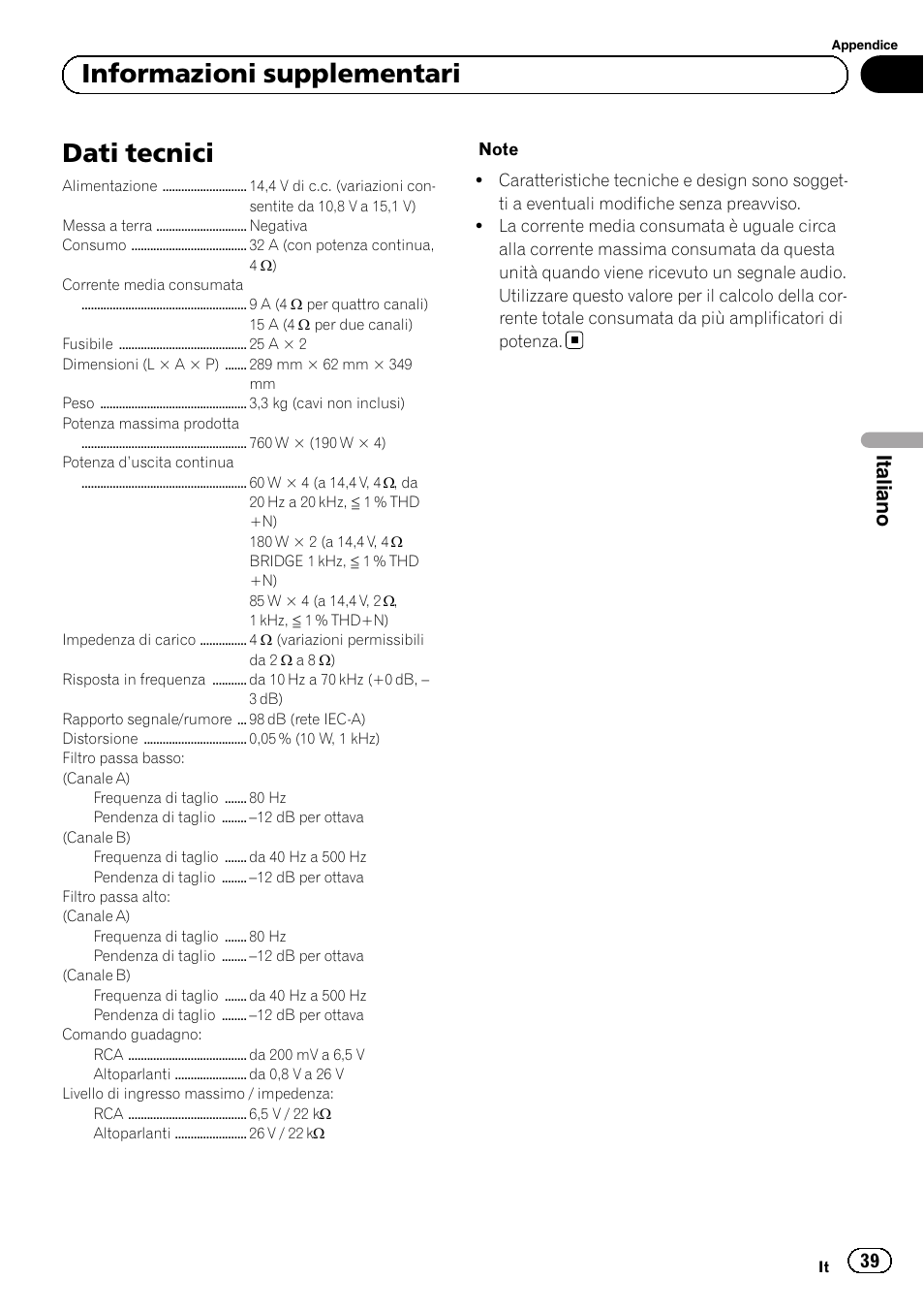 Dati tecnici, Informazioni supplementari, Italiano | Pioneer GM-6500F User Manual | Page 39 / 96
