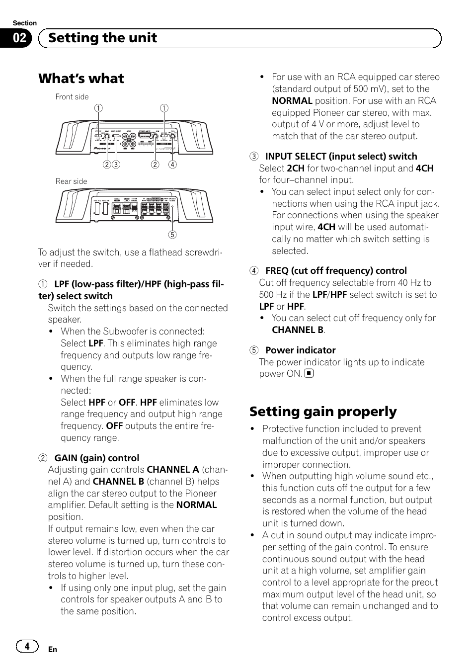 What ’s what, Setting gain properly, 02 setting the unit | Pioneer GM-6500F User Manual | Page 4 / 96