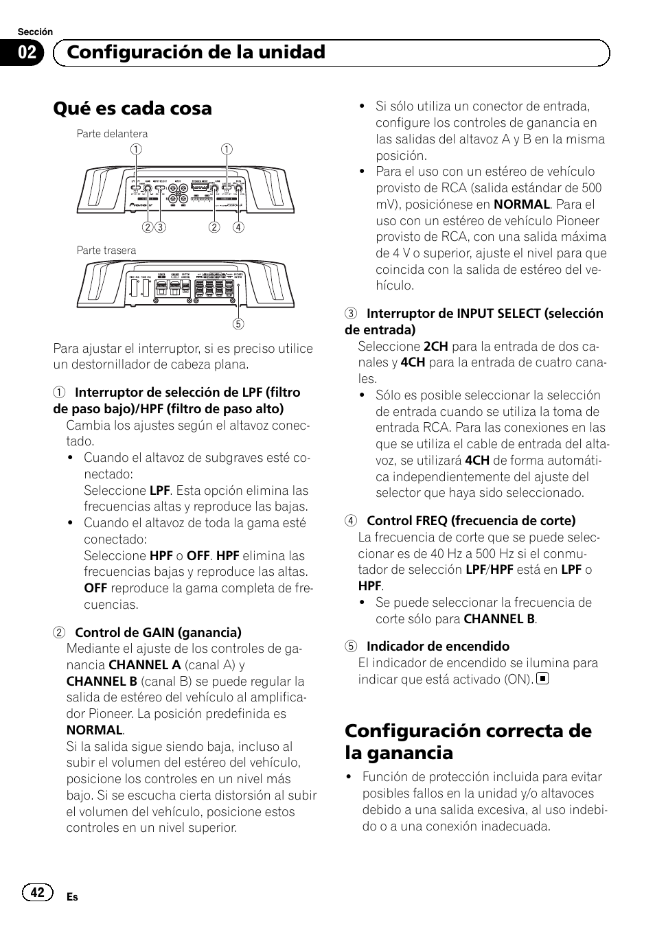 Qué es cada cosa, Configuración correcta de la ganancia, 02 configuración de la unidad | Pioneer GM-6500F User Manual | Page 42 / 96