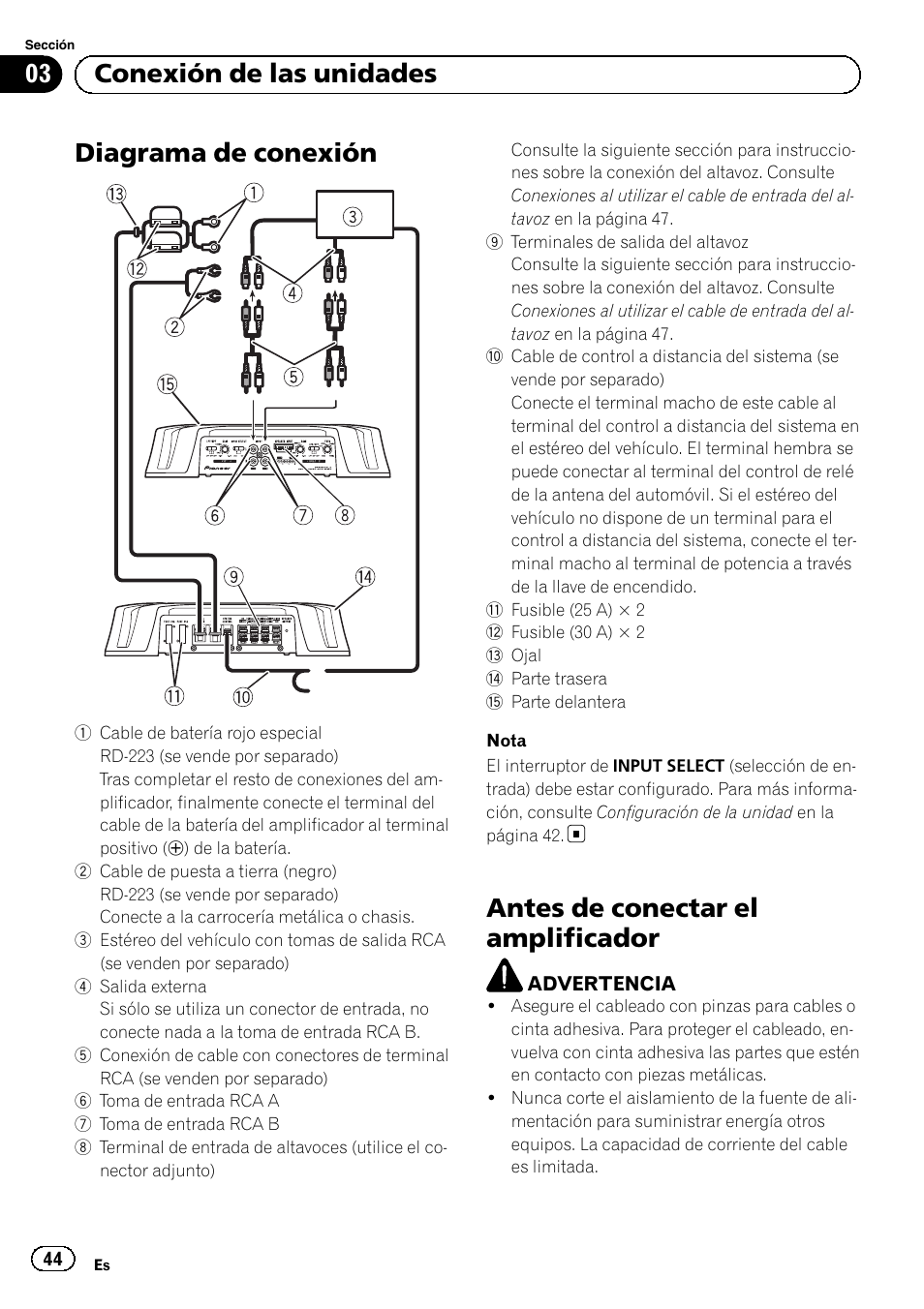 Diagrama de conexión, Antes de conectar el amplificador, 03 conexión de las unidades | Pioneer GM-6500F User Manual | Page 44 / 96
