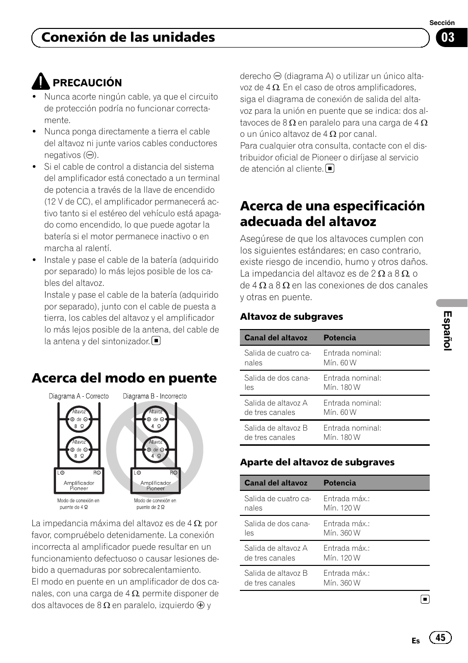 Acerca del modo en puente, Acerca de una especificación adecuada del altavoz, 03 conexión de las unidades | Pioneer GM-6500F User Manual | Page 45 / 96