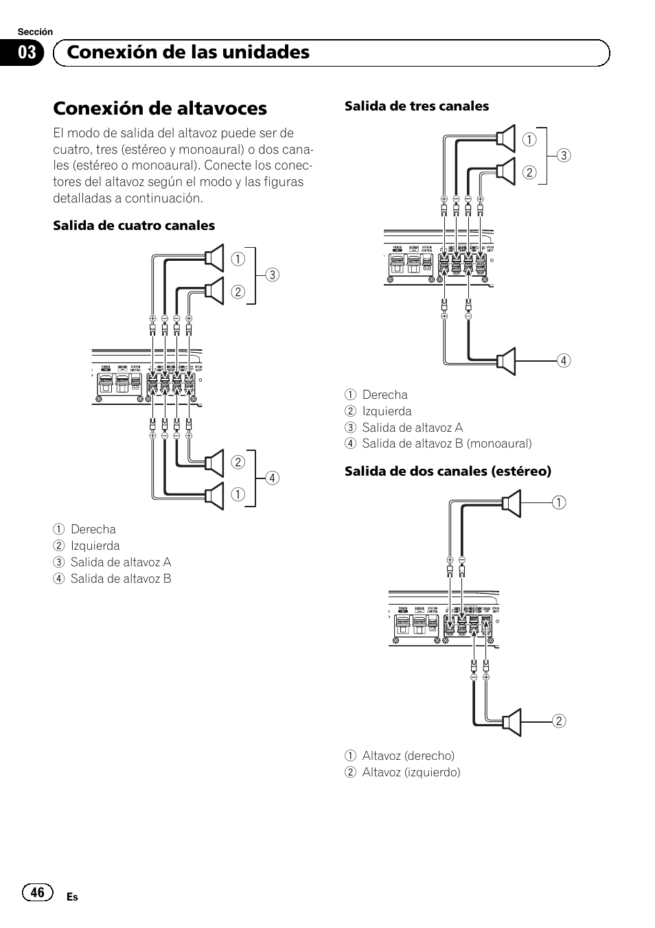 Conexión de altavoces, 03 conexión de las unidades | Pioneer GM-6500F User Manual | Page 46 / 96