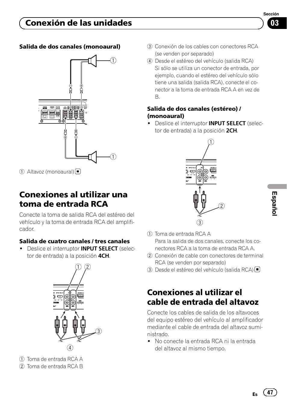 Conexiones al utilizar una toma de entrada rca, 03 conexión de las unidades | Pioneer GM-6500F User Manual | Page 47 / 96