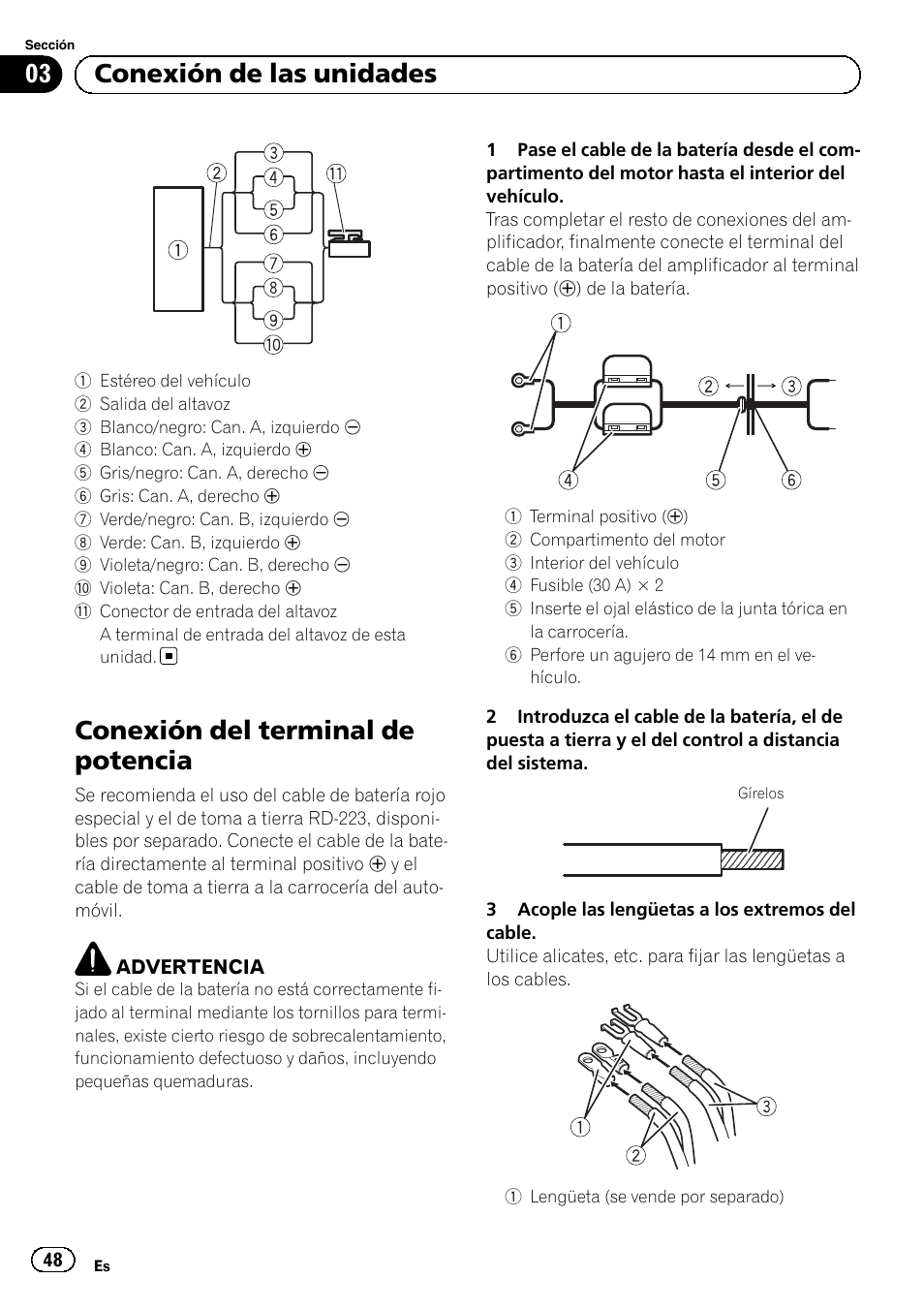 Conexión del terminal de potencia, 03 conexión de las unidades | Pioneer GM-6500F User Manual | Page 48 / 96