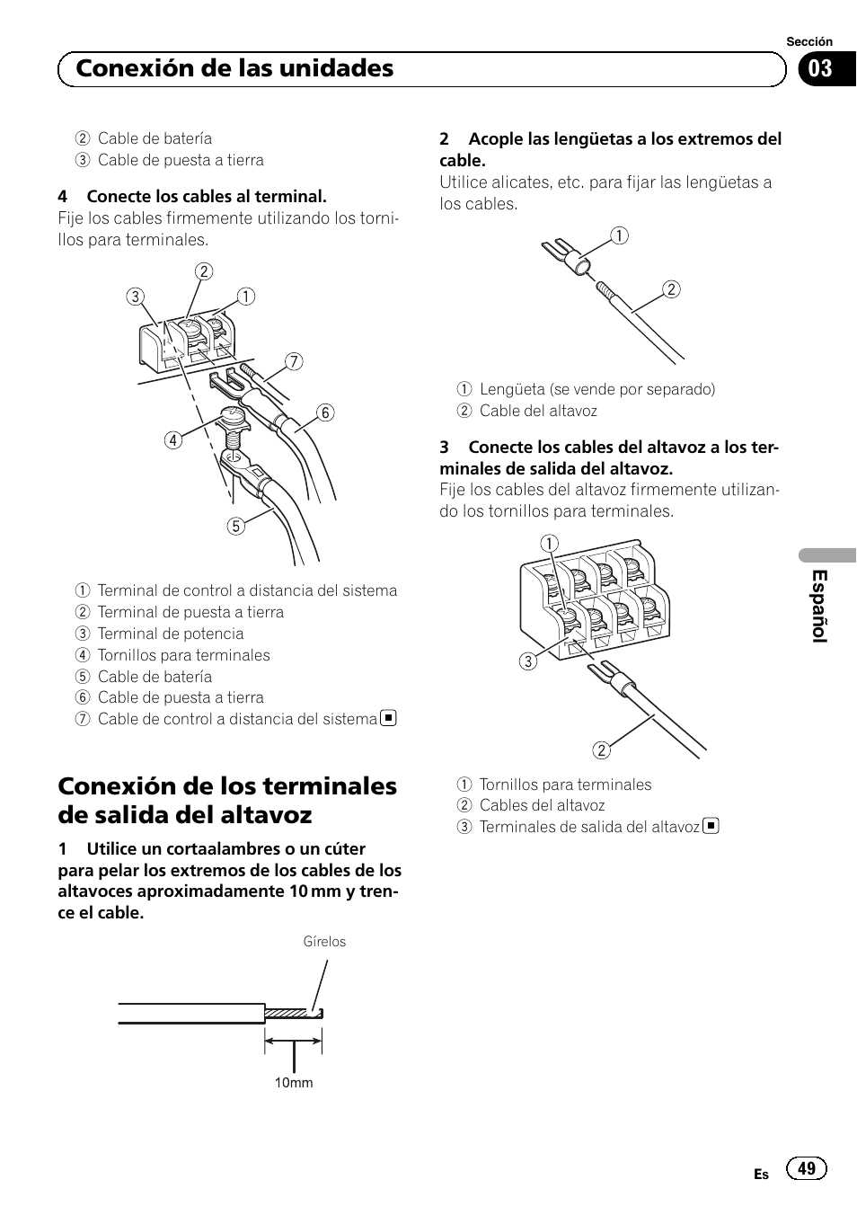 Conexión de los terminales de salida del altavoz, 03 conexión de las unidades | Pioneer GM-6500F User Manual | Page 49 / 96