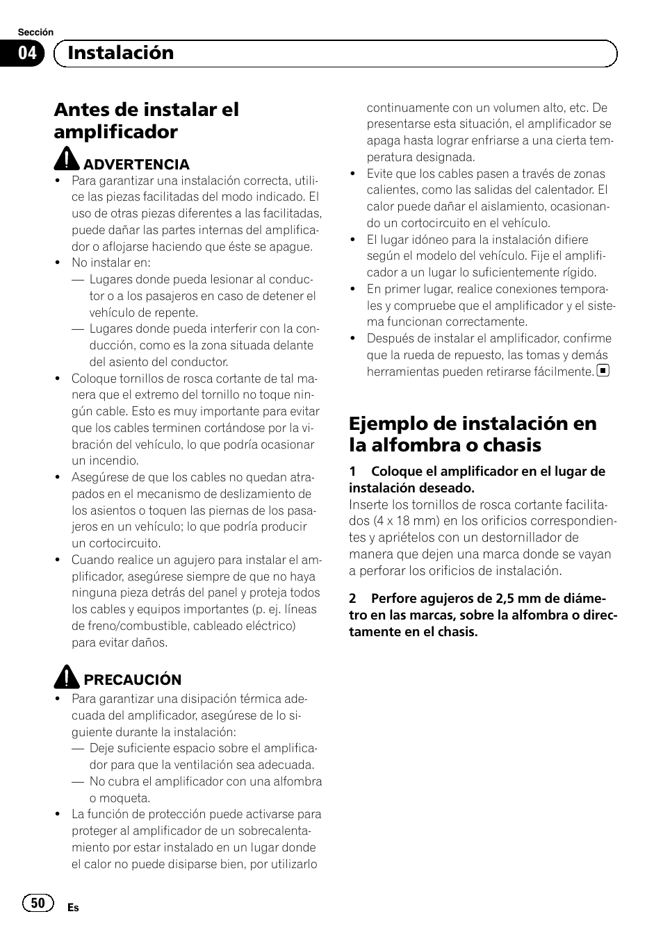 Antes de instalar el amplificador, Ejemplo de instalación en la alfombra o chasis, 04 instalación | Pioneer GM-6500F User Manual | Page 50 / 96