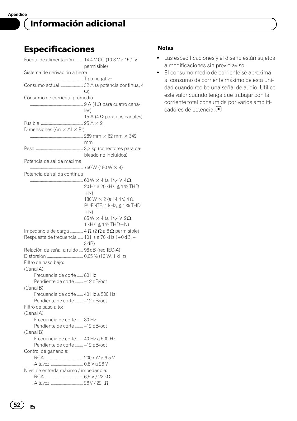 Especificaciones, Información adicional | Pioneer GM-6500F User Manual | Page 52 / 96
