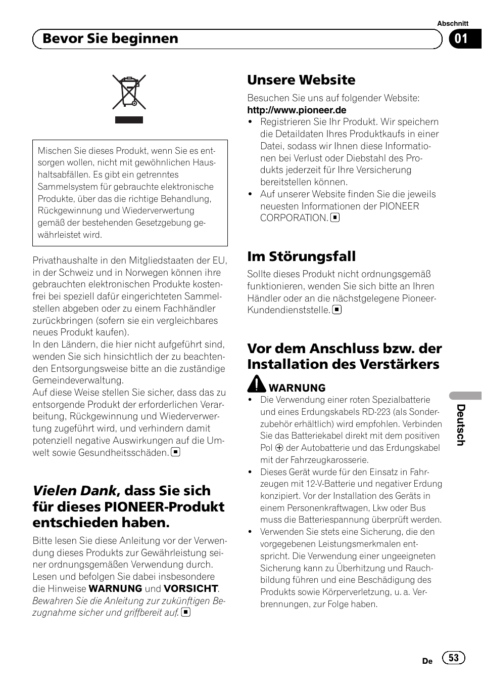 Unsere website, Im störungsfall, 01 bevor sie beginnen | Pioneer GM-6500F User Manual | Page 53 / 96