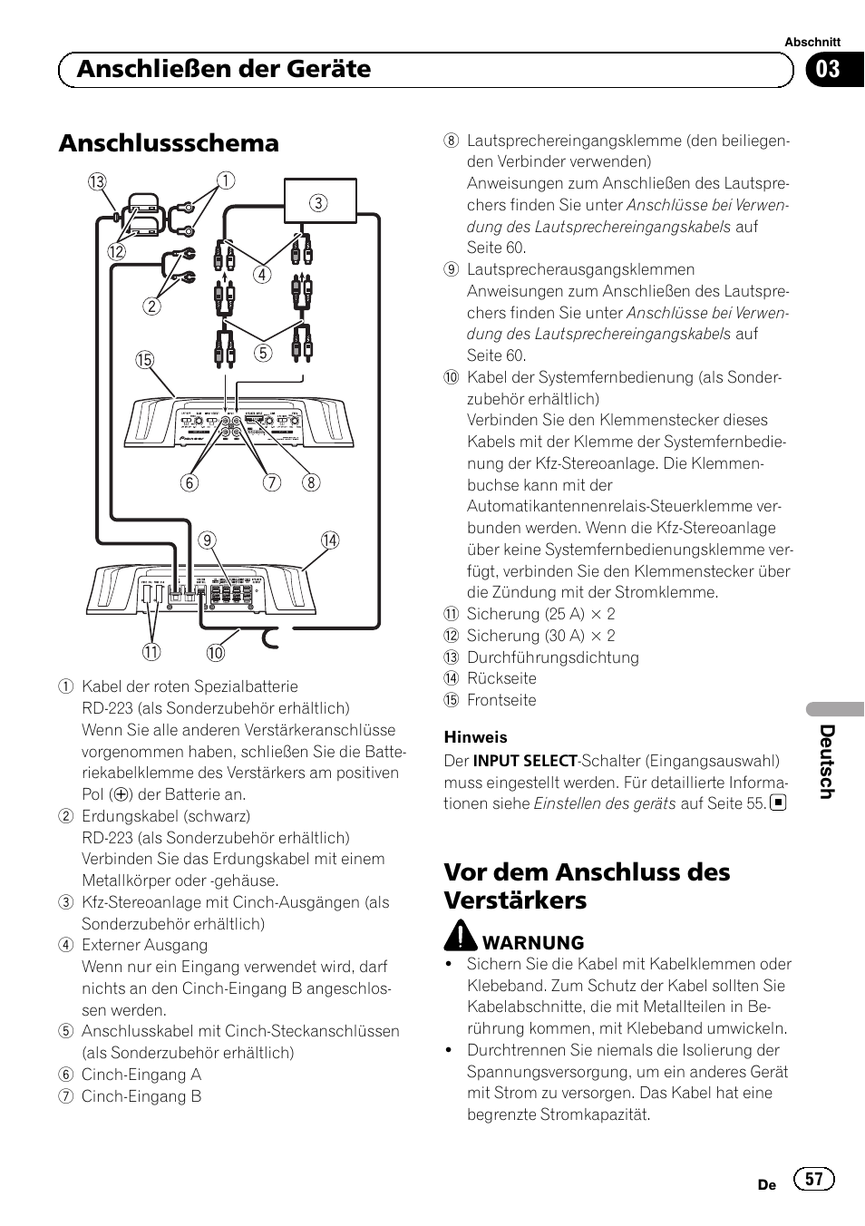 Anschlussschema, Vor dem anschluss des verstärkers, 03 anschließen der geräte | Pioneer GM-6500F User Manual | Page 57 / 96