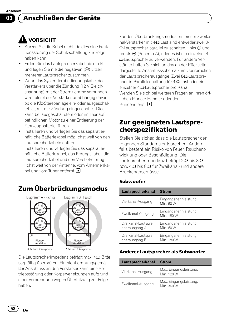 Zum überbrückungsmodus, Zur geeigneten lautspre- cherspezifikation, 03 anschließen der geräte | Pioneer GM-6500F User Manual | Page 58 / 96