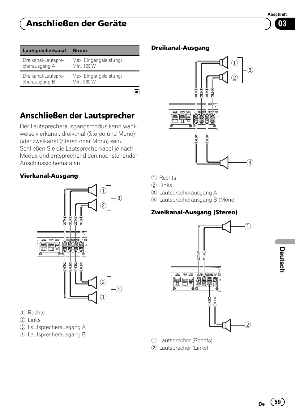 Anschließen der lautsprecher, 03 anschließen der geräte | Pioneer GM-6500F User Manual | Page 59 / 96