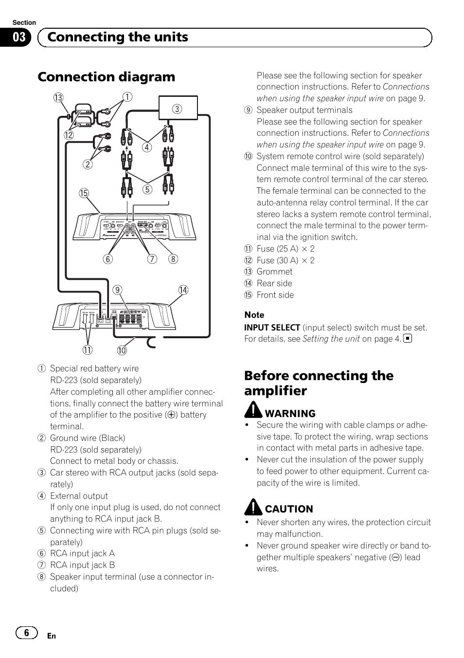 Connection diagram, Before connecting the amplifier, 03 connecting the units | Pioneer GM-6500F User Manual | Page 6 / 96