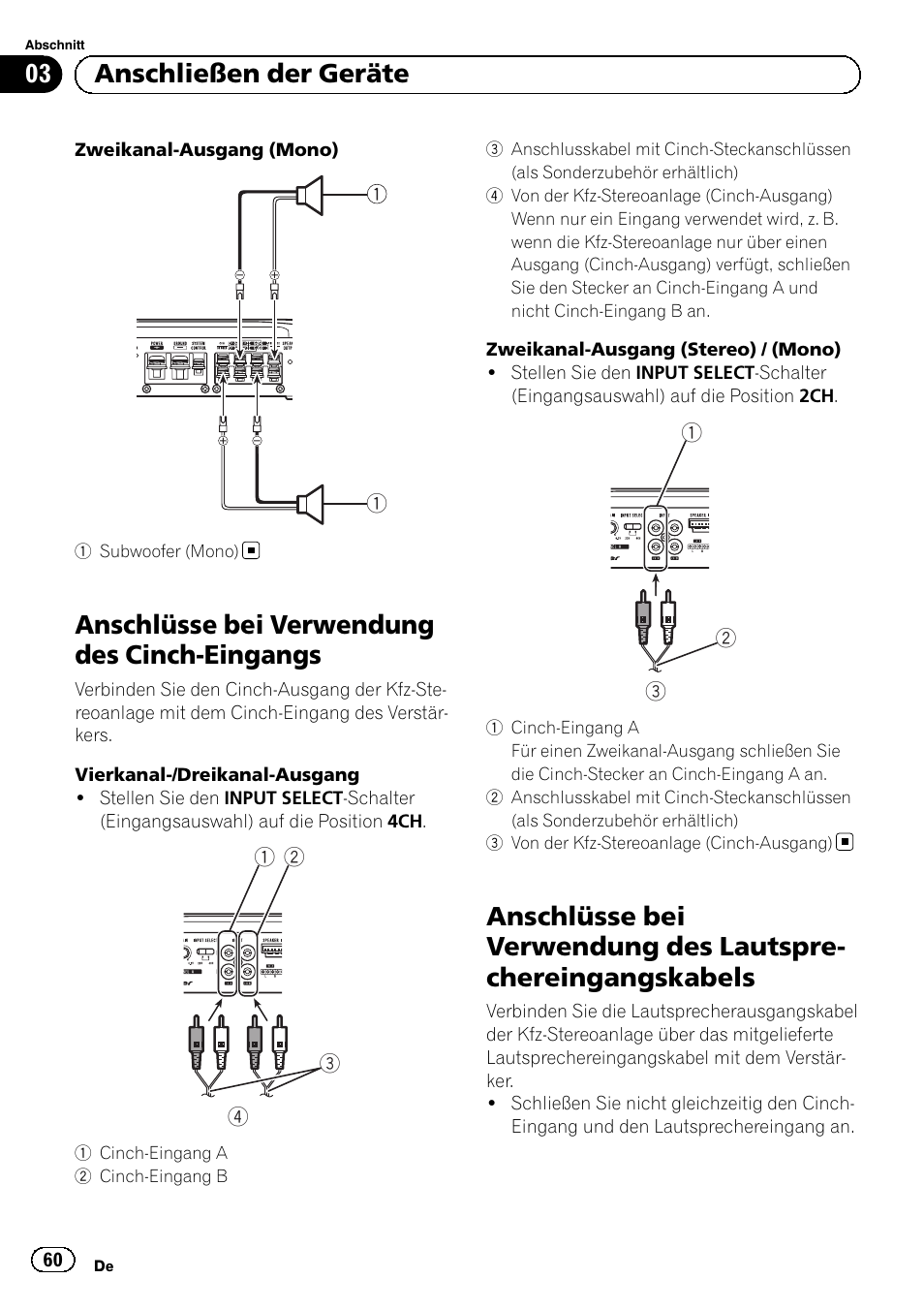 Anschlüsse bei verwendung des cinch-eingangs, 03 anschließen der geräte | Pioneer GM-6500F User Manual | Page 60 / 96