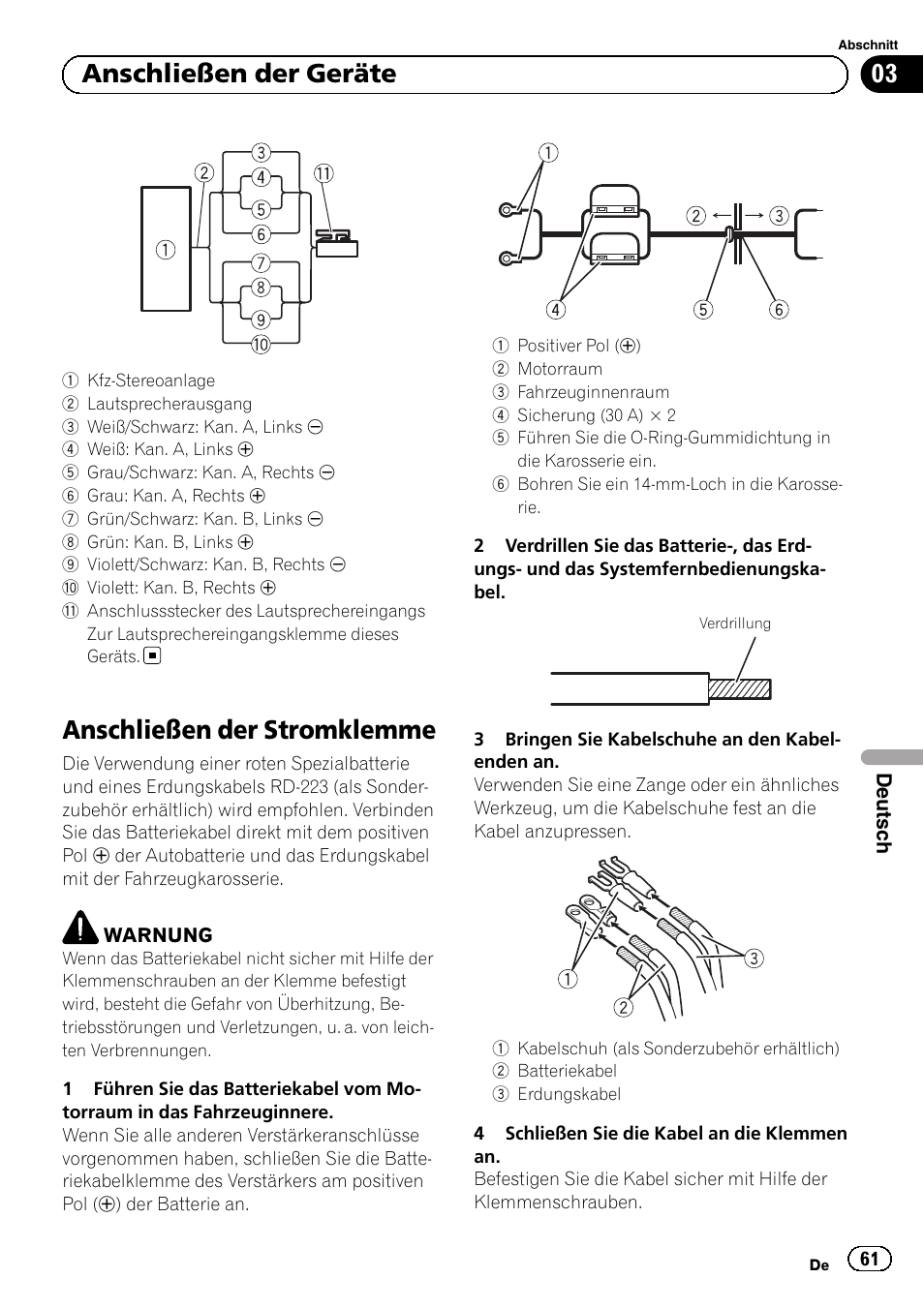 Anschließen der stromklemme, 03 anschließen der geräte | Pioneer GM-6500F User Manual | Page 61 / 96