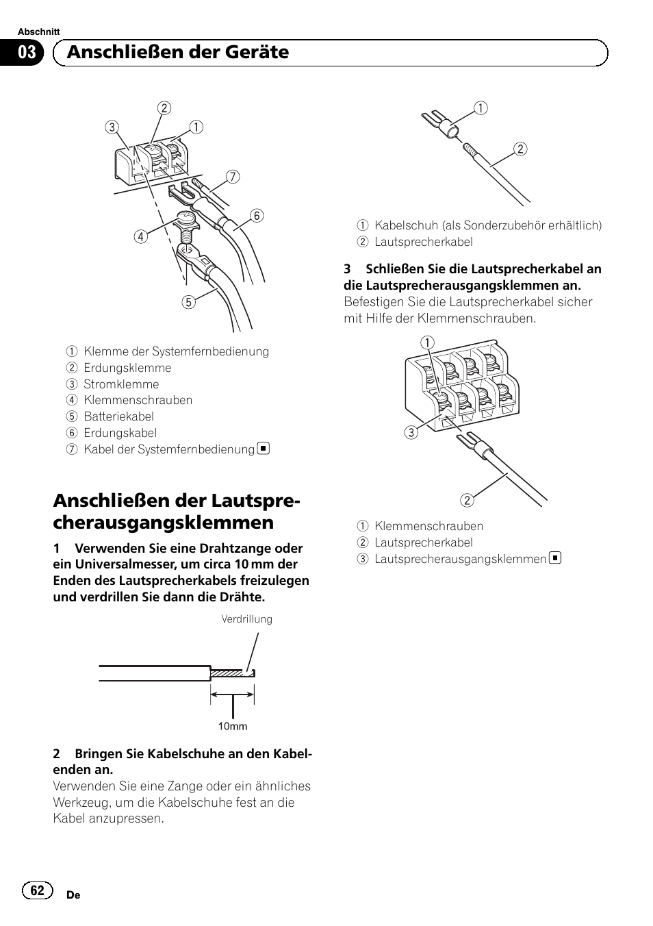 Anschließen der lautspre- cherausgangsklemmen, 03 anschließen der geräte | Pioneer GM-6500F User Manual | Page 62 / 96