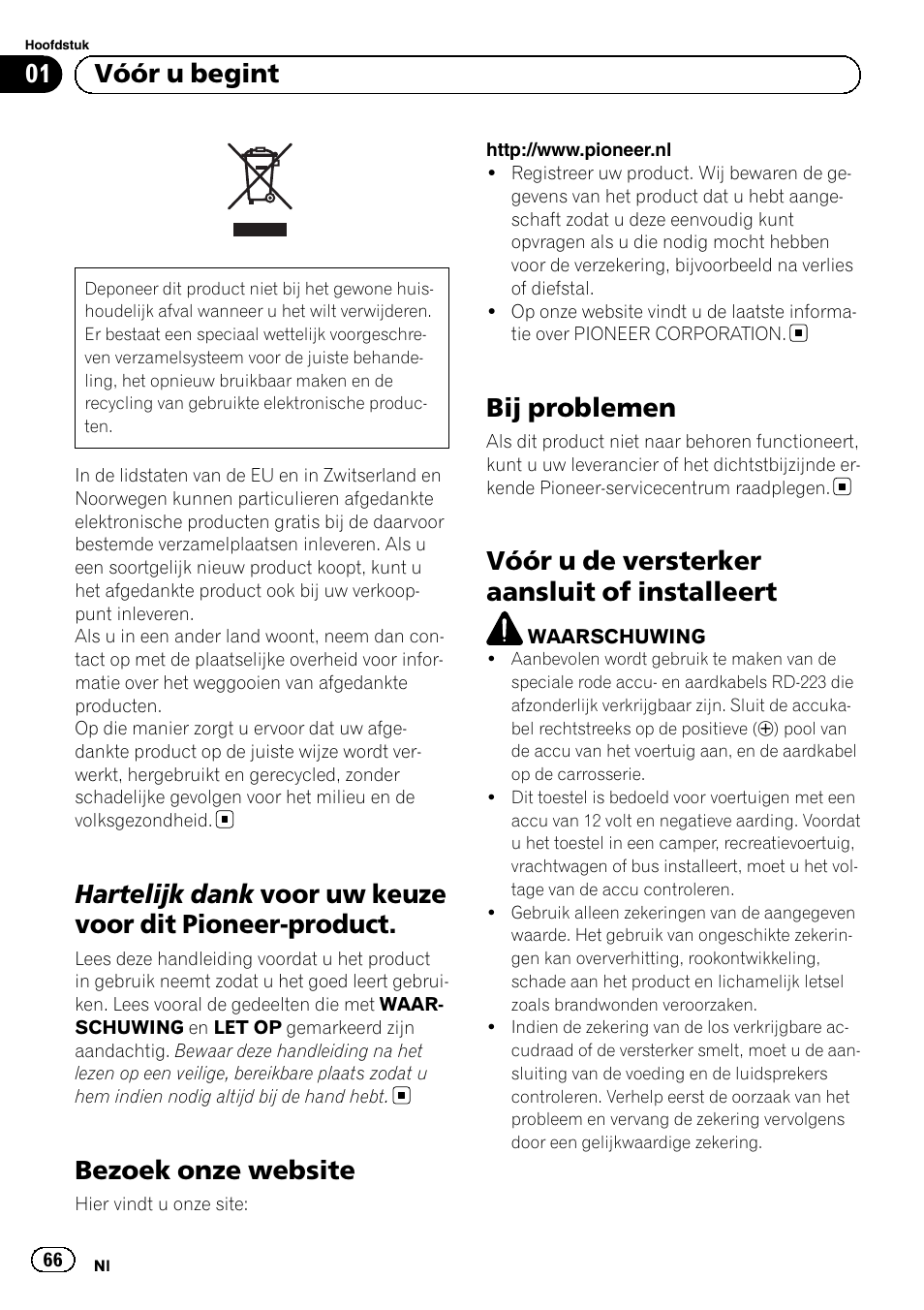 Nederlands, Bezoek onze website, Bij problemen | Vóór u de versterker aansluit of installeert, 01 vóór u begint | Pioneer GM-6500F User Manual | Page 66 / 96