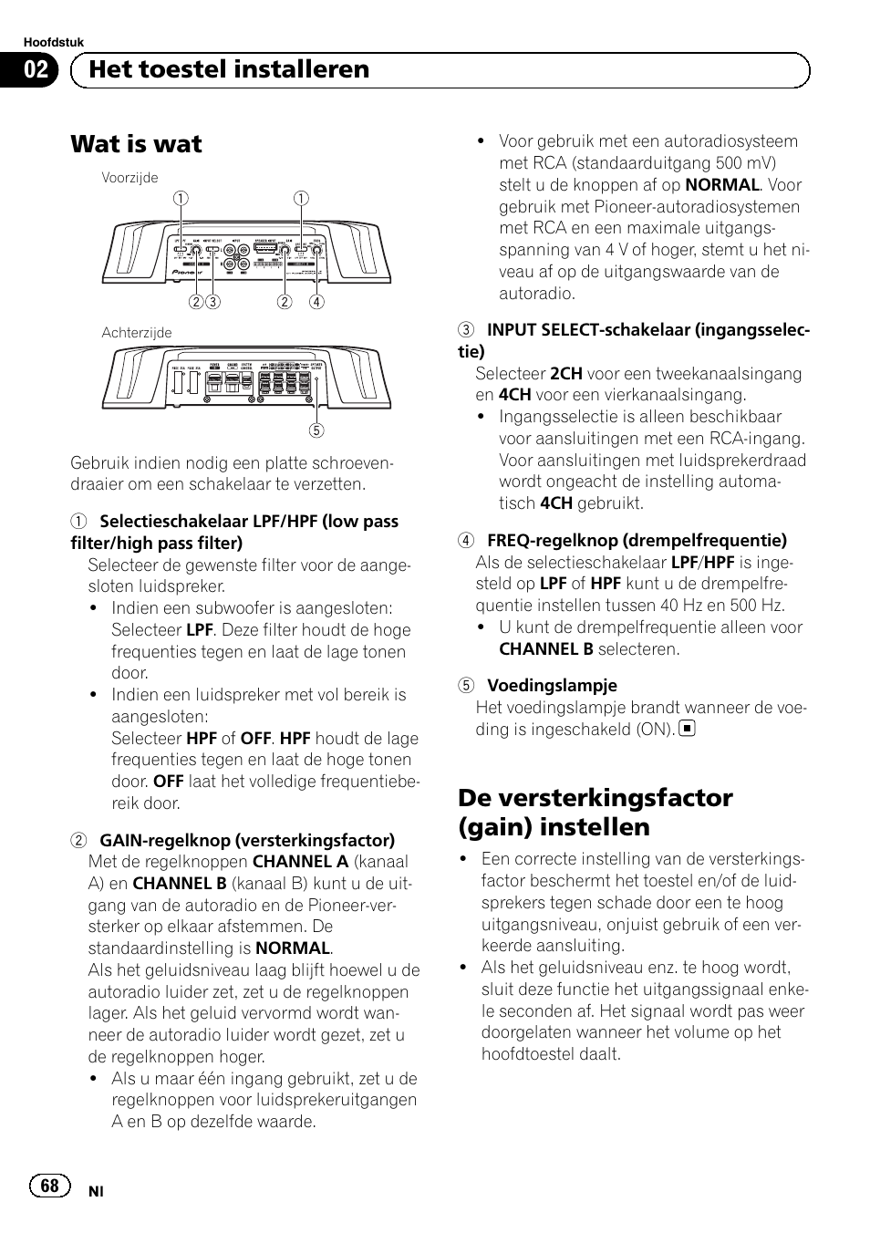 Wat is wat, De versterkingsfactor (gain) instellen, 02 het toestel installeren | Pioneer GM-6500F User Manual | Page 68 / 96