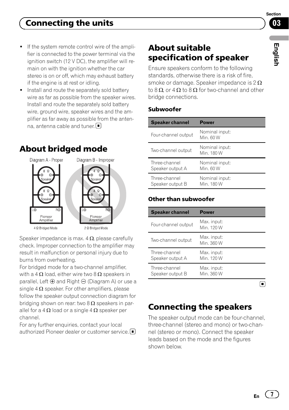 About bridged mode, About suitable specification of speaker, Connecting the speakers | 03 connecting the units | Pioneer GM-6500F User Manual | Page 7 / 96