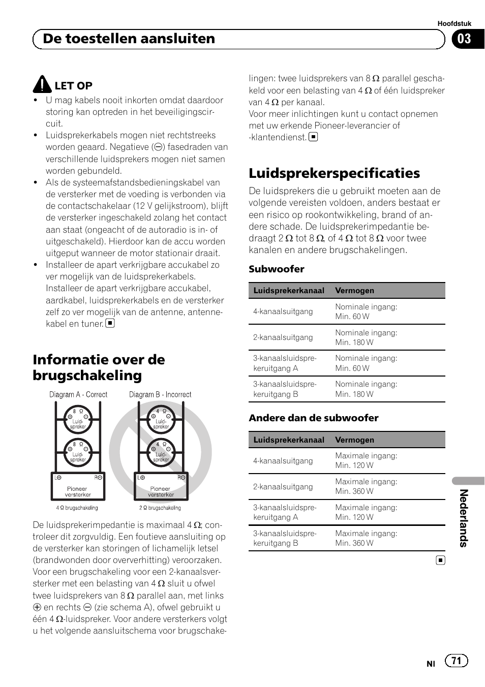 Informatie over de brugschakeling, Luidsprekerspecificaties, 03 de toestellen aansluiten | Pioneer GM-6500F User Manual | Page 71 / 96
