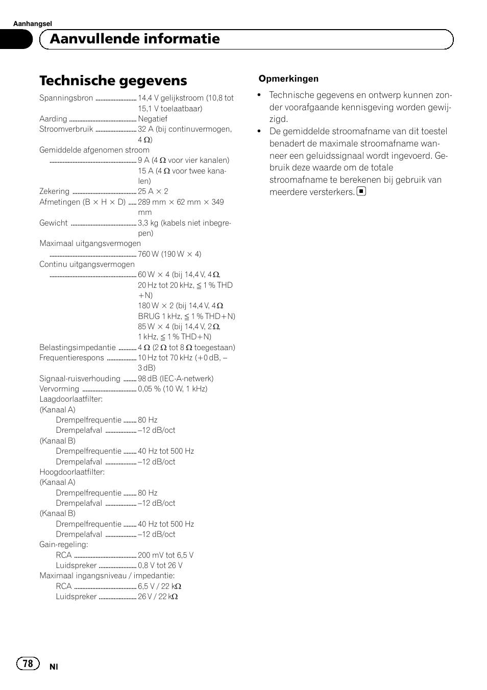 Technische gegevens, Aanvullende informatie | Pioneer GM-6500F User Manual | Page 78 / 96