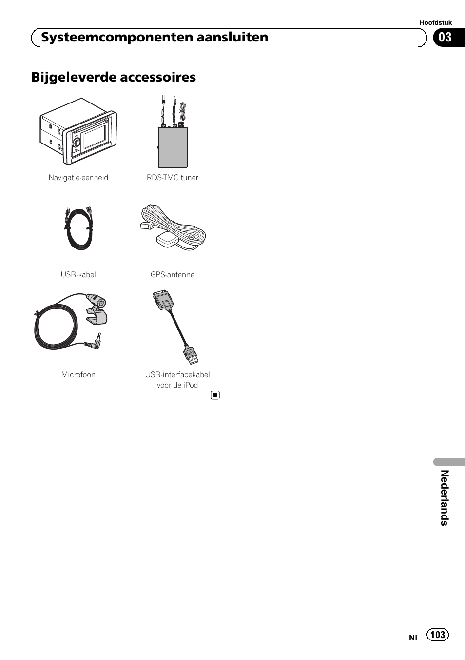 Bijgeleverde accessoires, 03 systeemcomponenten aansluiten | Pioneer AVIC-F3210BT User Manual | Page 103 / 120