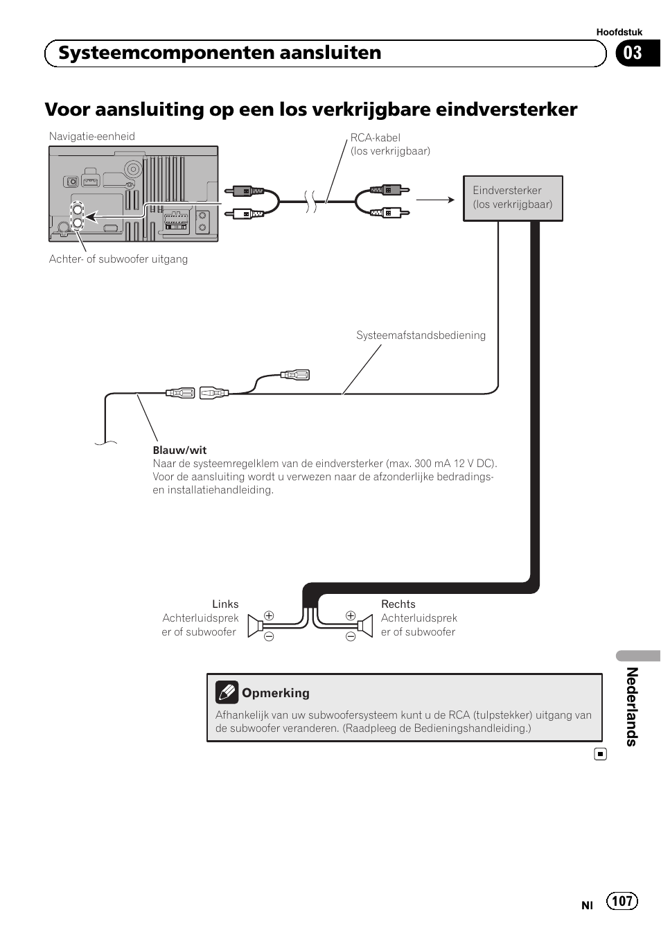 Voor aansluiting op een los verkrijgbare, Eindversterker, 03 systeemcomponenten aansluiten | Nederlands | Pioneer AVIC-F3210BT User Manual | Page 107 / 120