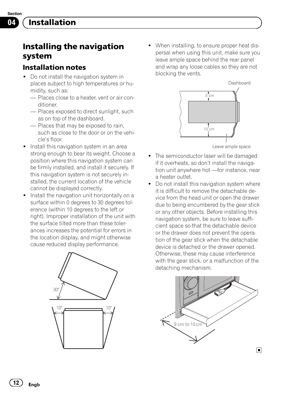 Installing the navigation system, Installation notes 12, 04 installation | Pioneer AVIC-F3210BT User Manual | Page 12 / 120