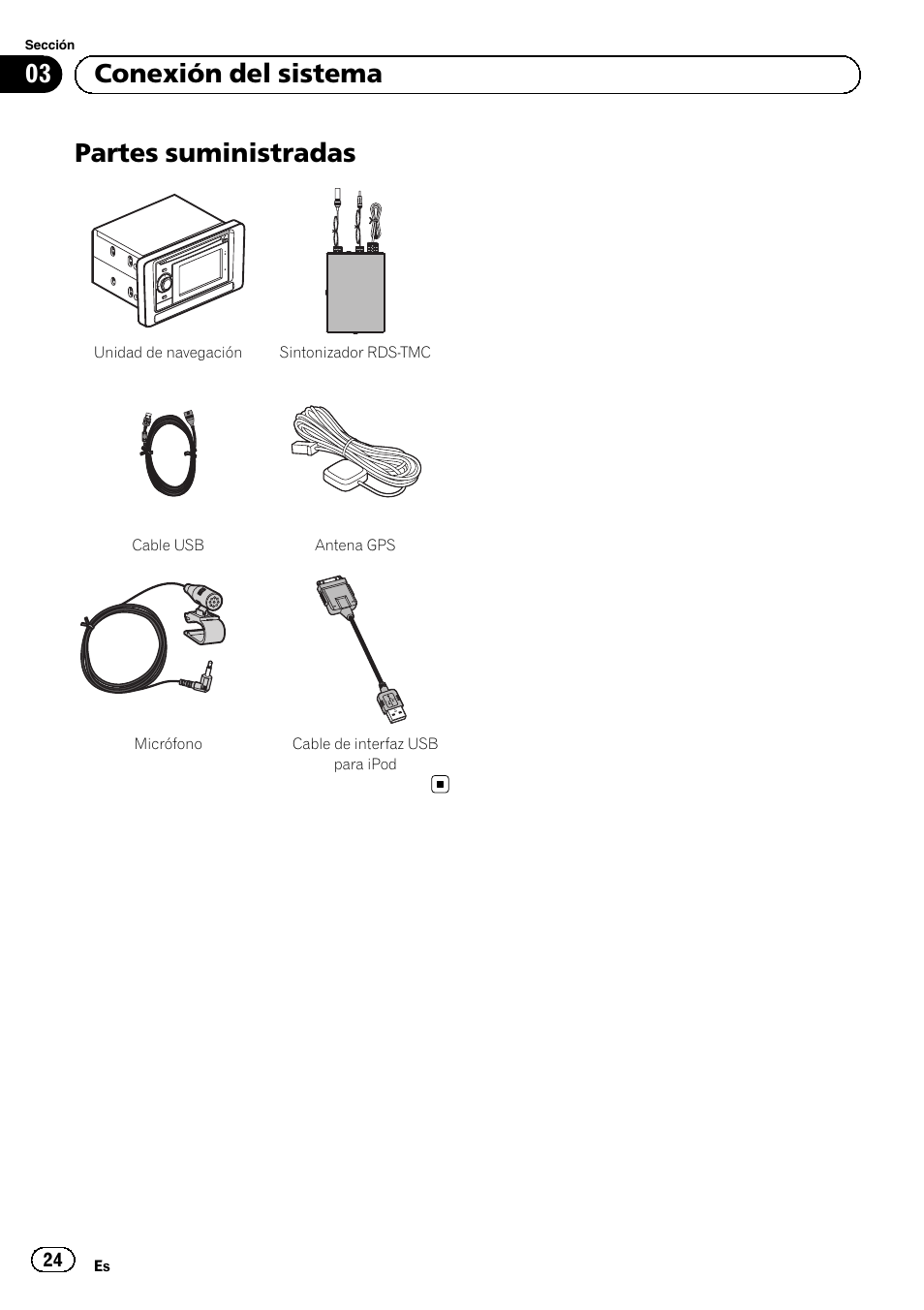 Partes suministradas, 03 conexión del sistema | Pioneer AVIC-F3210BT User Manual | Page 24 / 120