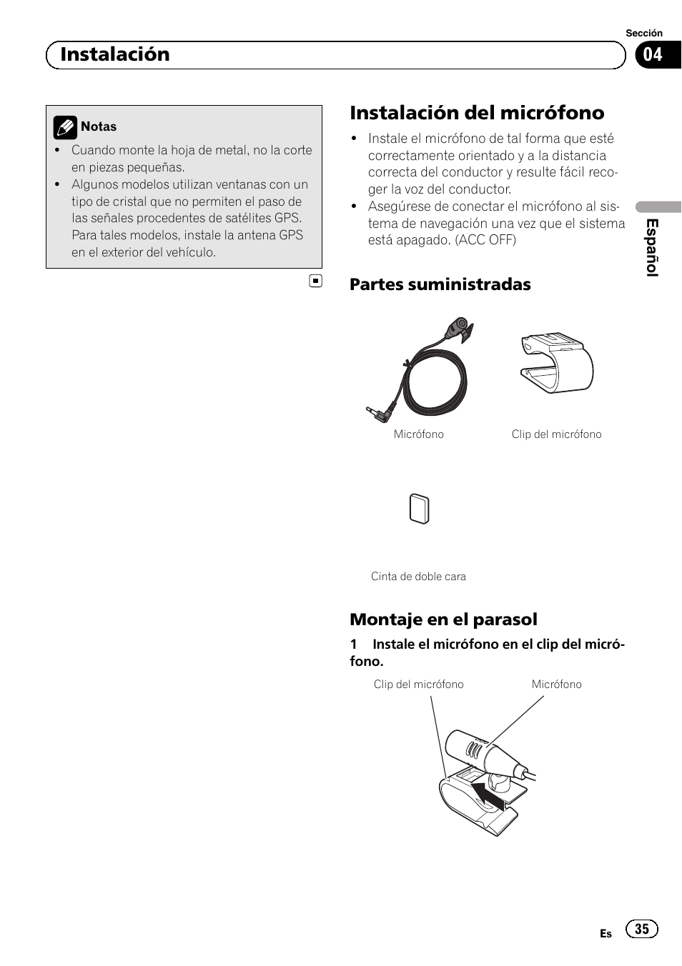 Instalación del micrófono, Partes suministradas 35, Montaje en el parasol 35 | 04 instalación, Partes suministradas, Montaje en el parasol | Pioneer AVIC-F3210BT User Manual | Page 35 / 120