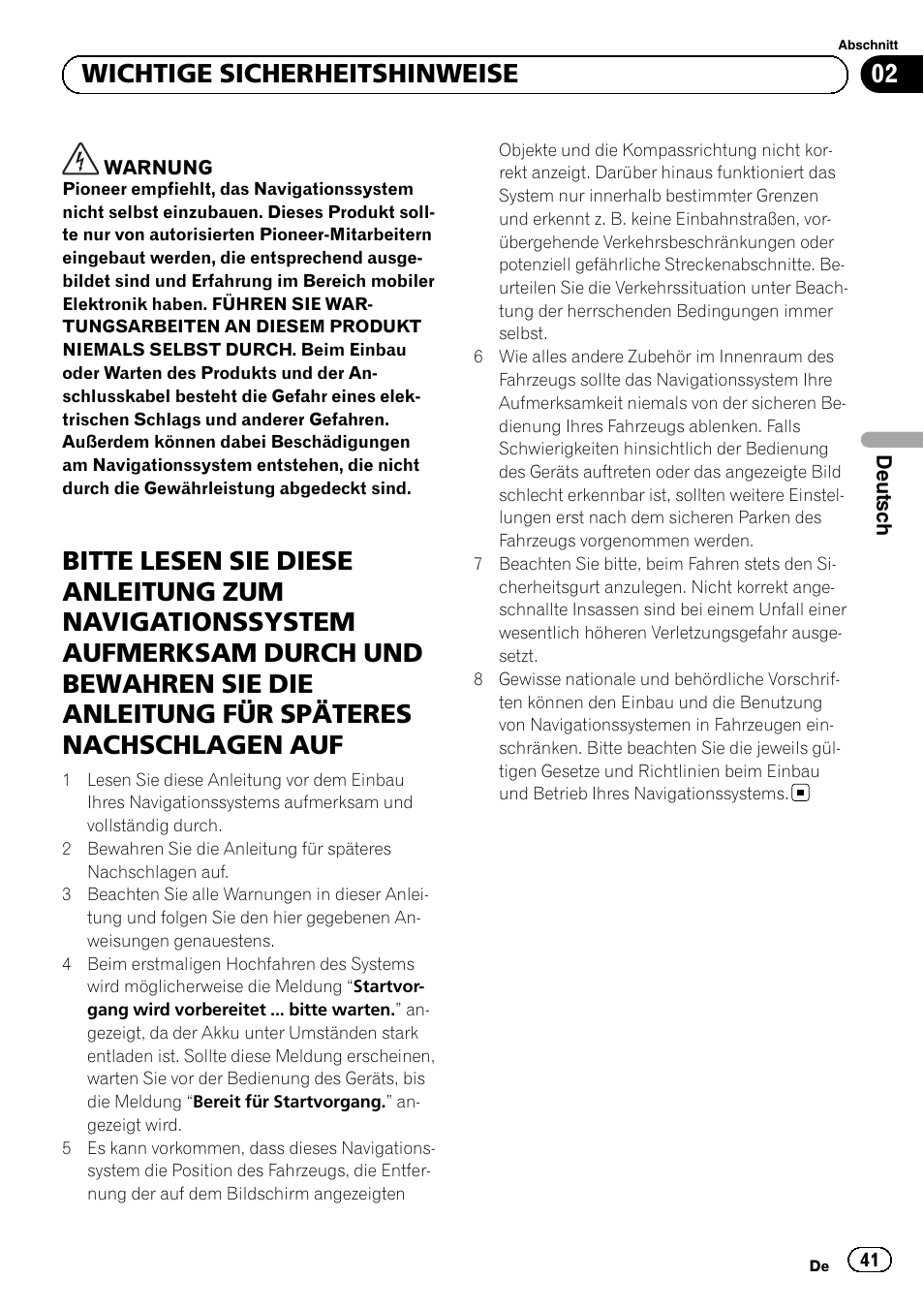 02 wichtige sicherheitshinweise | Pioneer AVIC-F3210BT User Manual | Page 41 / 120