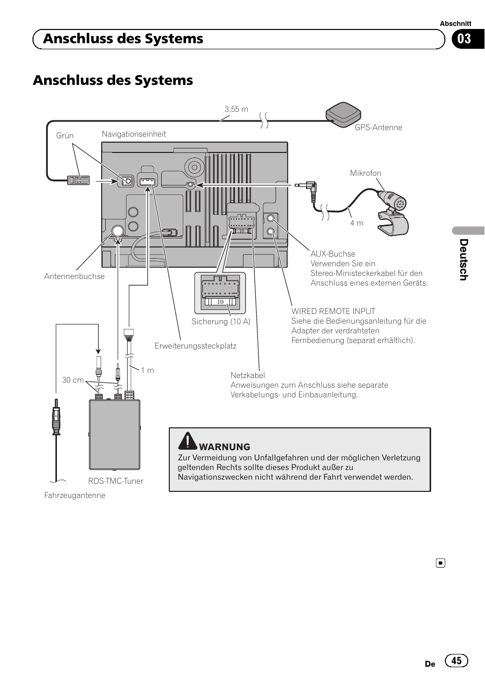 Anschluss des systems, 03 anschluss des systems, Deutsch | Pioneer AVIC-F3210BT User Manual | Page 45 / 120