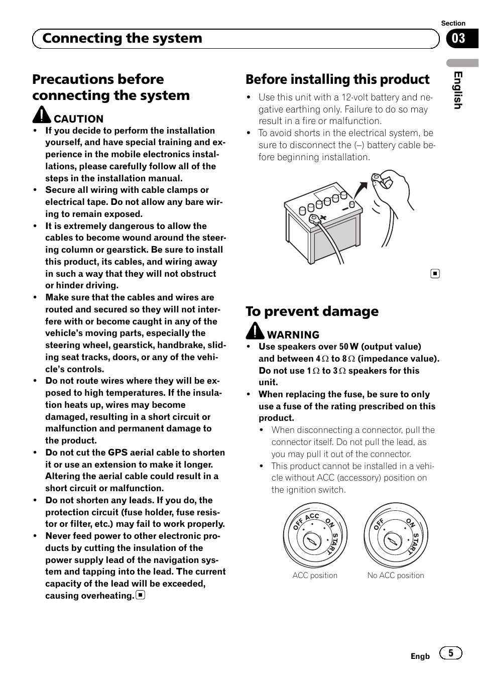 System, Before installing this product, To prevent damage | Precautions before connecting the system, 03 connecting the system | Pioneer AVIC-F3210BT User Manual | Page 5 / 120