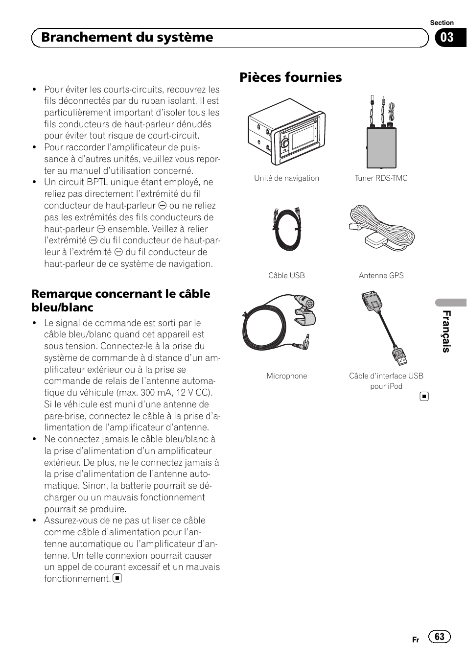 Remarque concernant le câble bleu, Blanc, Pièces fournies | 03 branchement du système, Remarque concernant le câble bleu/blanc | Pioneer AVIC-F3210BT User Manual | Page 63 / 120