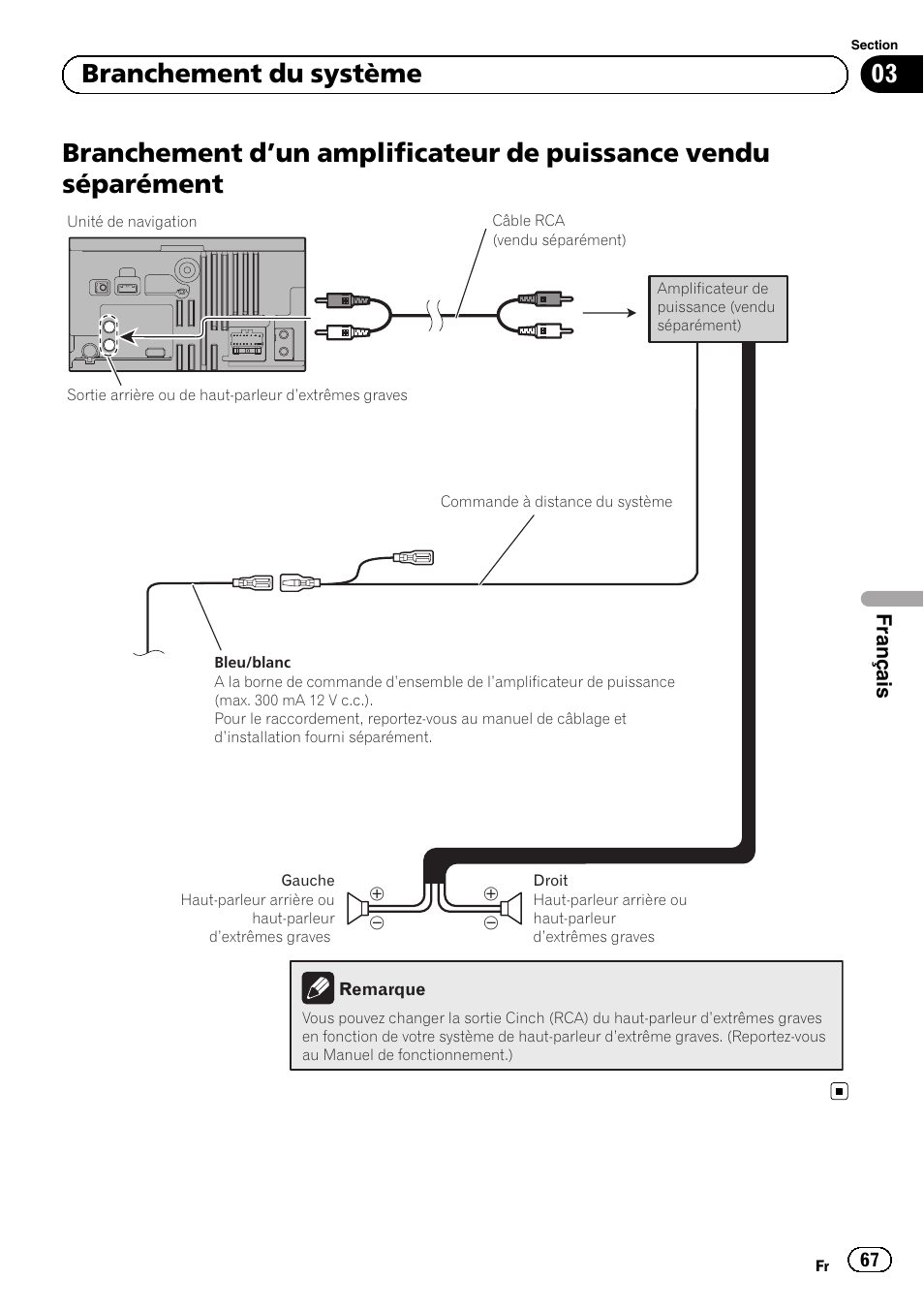 Branchement d, Un amplificateur de, Puissance vendu séparément | 03 branchement du système | Pioneer AVIC-F3210BT User Manual | Page 67 / 120