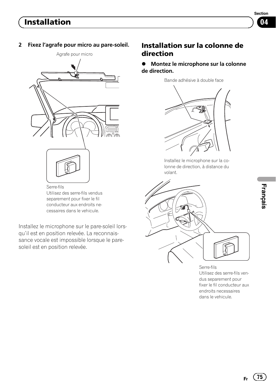 Installation sur la colonne de, Direction, 04 installation | Installation sur la colonne de direction | Pioneer AVIC-F3210BT User Manual | Page 75 / 120