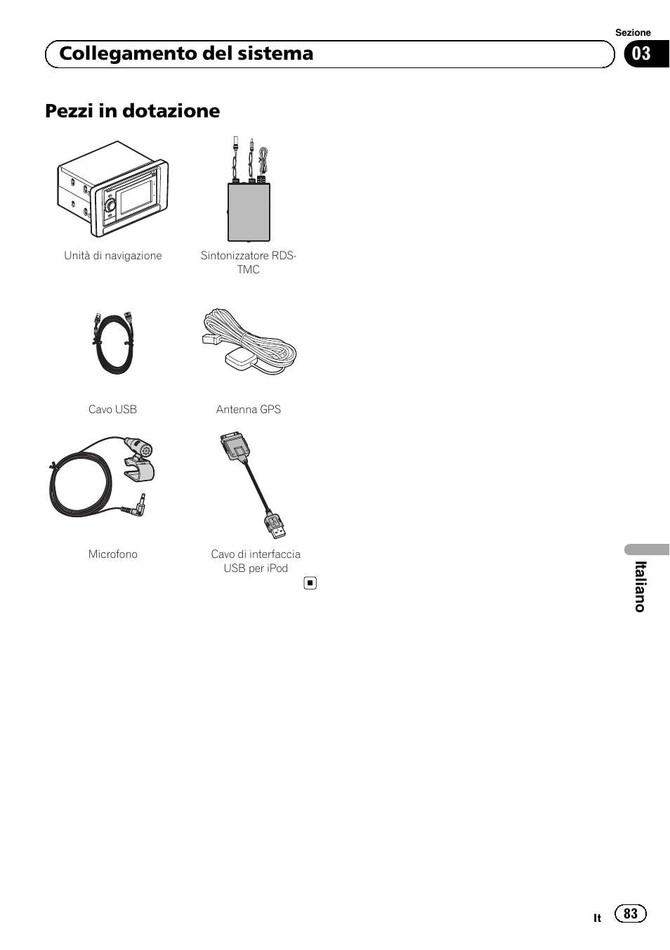 Pezzi in dotazione, 03 collegamento del sistema | Pioneer AVIC-F3210BT User Manual | Page 83 / 120