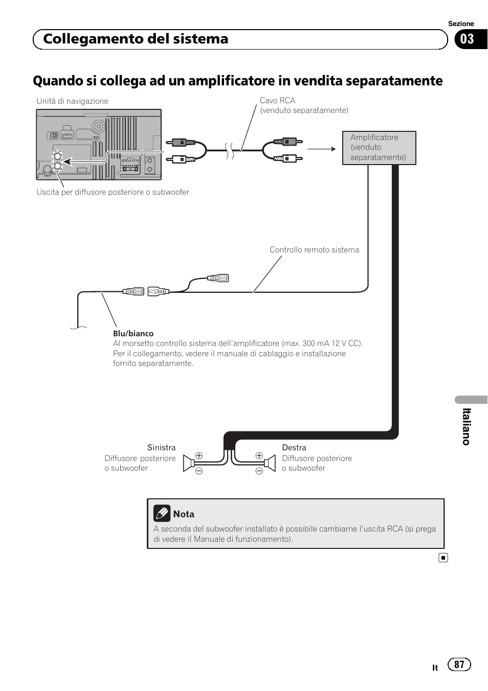 Quando si collega ad un amplificatore in, Vendita separatamente, 03 collegamento del sistema | Italiano | Pioneer AVIC-F3210BT User Manual | Page 87 / 120