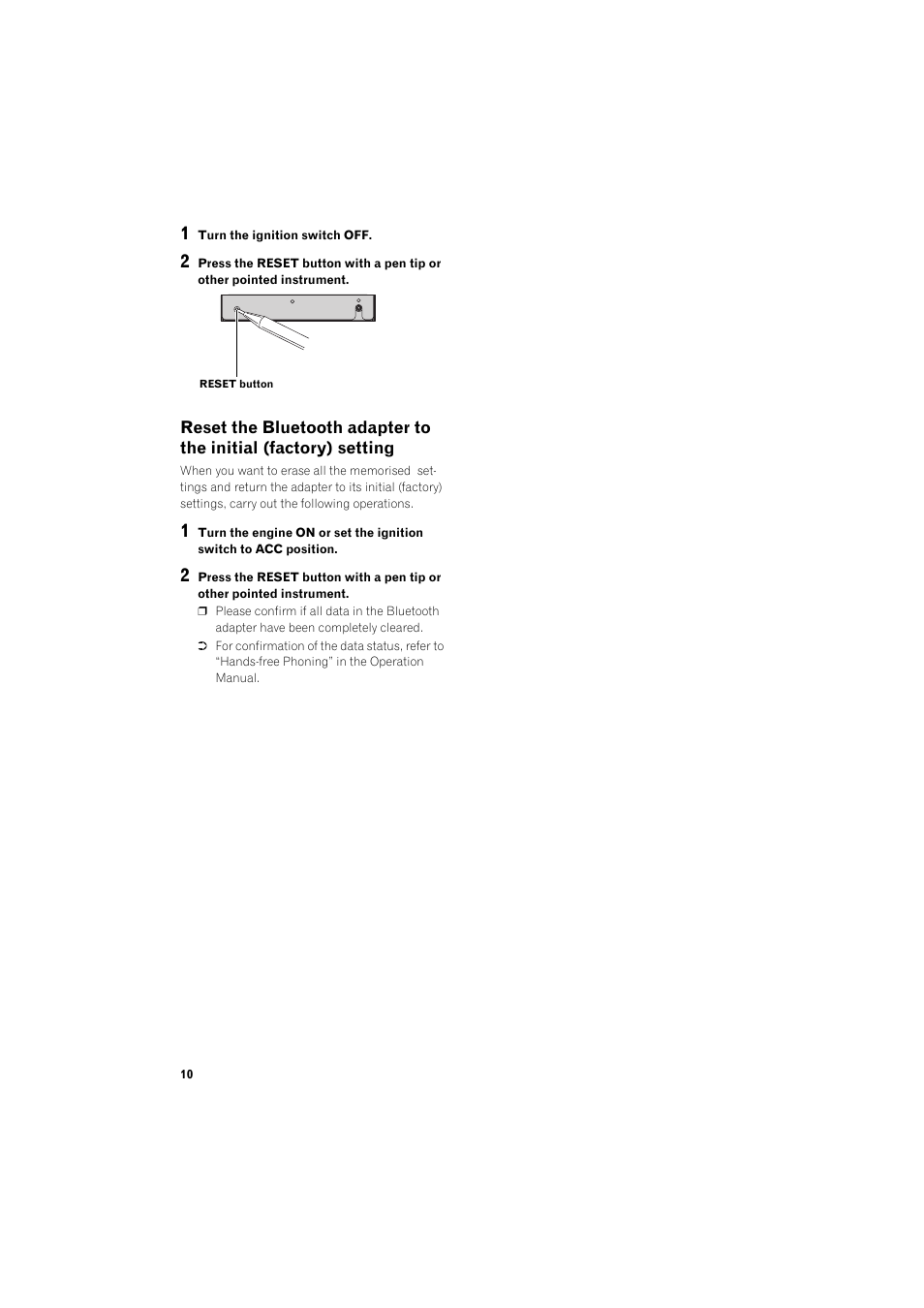 Reset the bluetooth adapter to the initial (facto, Ry) setting | Pioneer AVIC-X1BT User Manual | Page 12 / 26