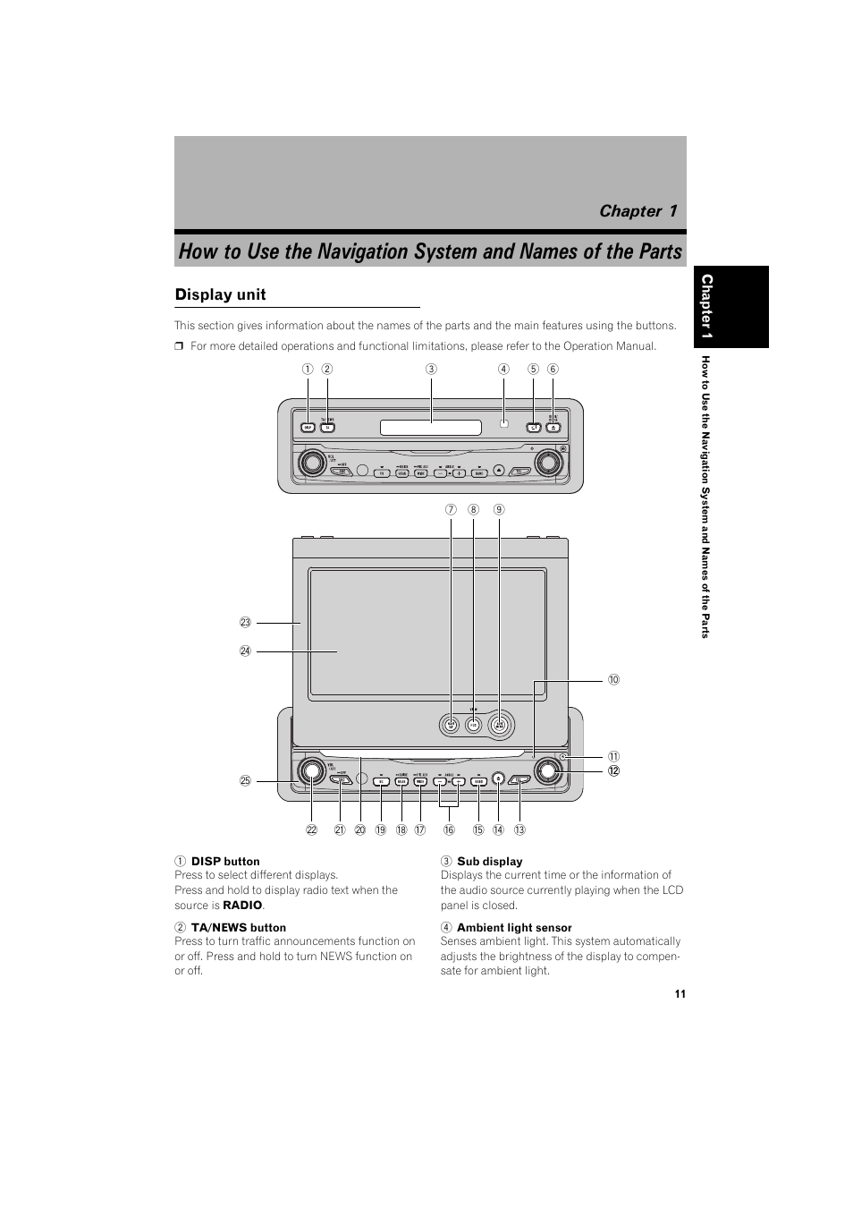 Chapter 1, Display unit | Pioneer AVIC-X1BT User Manual | Page 13 / 26