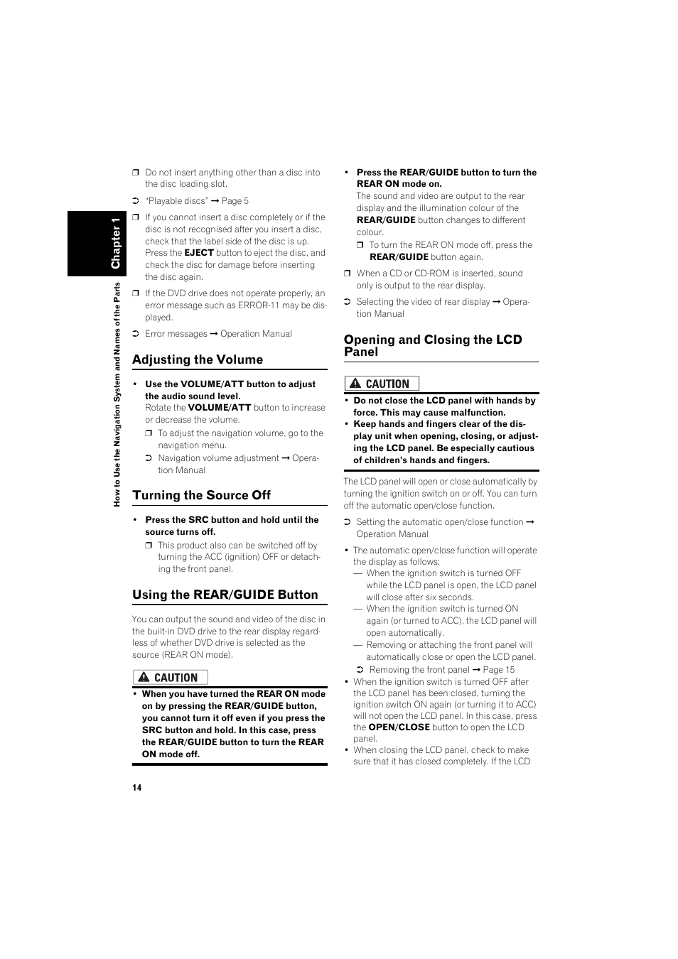 Adjusting the volume, Turning the source off 14 using the re, Opening and closing the lcd panel 14 | Turning the source off, Using the rear/guide button, Opening and closing the lcd panel | Pioneer AVIC-X1BT User Manual | Page 16 / 26