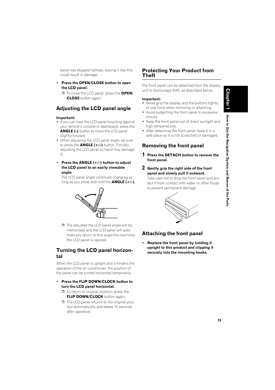 Adjusting the lcd panel angle 15, Turning the lcd panel horizontal, Protecting your product from theft 15 | Removing the front panel, Attaching the front panel 15, Adjusting the lcd panel angle, Turning the lcd panel horizon- tal, Protecting your product from theft, Attaching the front panel | Pioneer AVIC-X1BT User Manual | Page 17 / 26