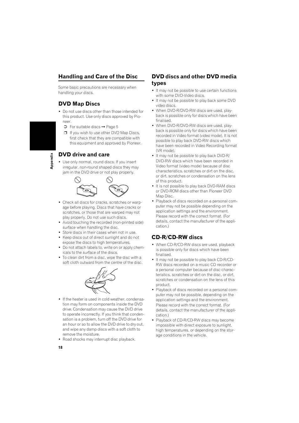 Handling and care of the disc, Dvd map discs, Dvd drive and care 18 | Dvd discs and other dvd media types, Cd-r/cd-rw discs 18, Dvd drive and care, Cd-r/cd-rw discs | Pioneer AVIC-X1BT User Manual | Page 20 / 26