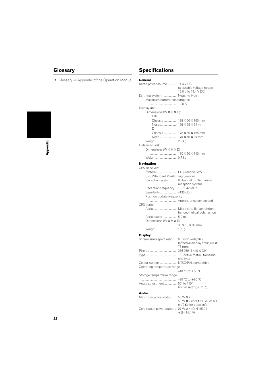 Glossary, Specifications 22, Specifications | Pioneer AVIC-X1BT User Manual | Page 24 / 26