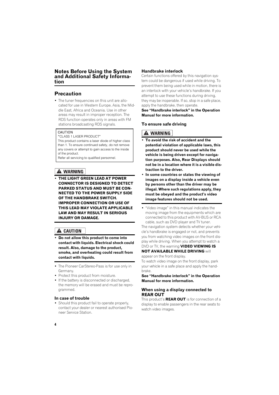 Notes before using the system and additional, Safety information, Precaution | Pioneer AVIC-X1BT User Manual | Page 6 / 26