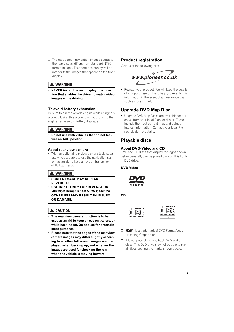 Product registration, Upgrade dvd map disc 5, Playable discs 5 | Upgrade dvd map disc, Playable discs | Pioneer AVIC-X1BT User Manual | Page 7 / 26