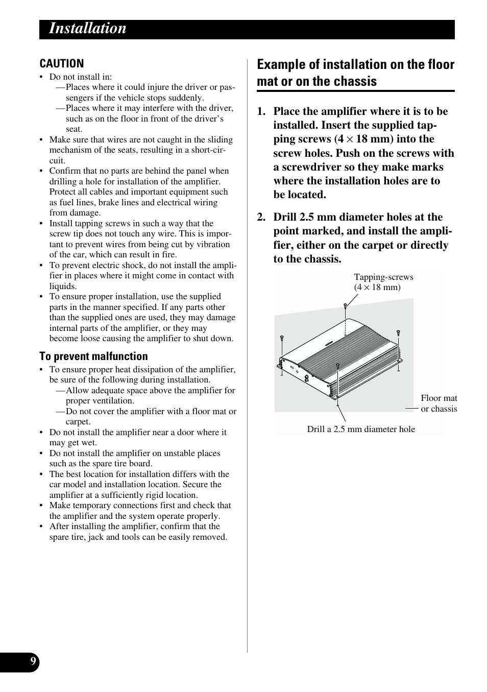 Installation, Example of installation on the floor mat, Or on the chassis | Pioneer GM-X962 User Manual | Page 10 / 64