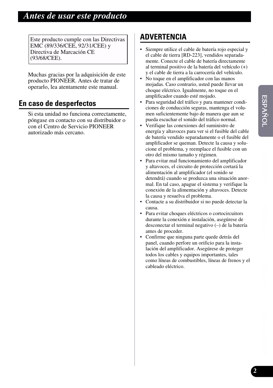 Antes de usar este producto, En caso de desperfectos advertencia, En caso de desperfectos | Advertencia | Pioneer GM-X962 User Manual | Page 13 / 64